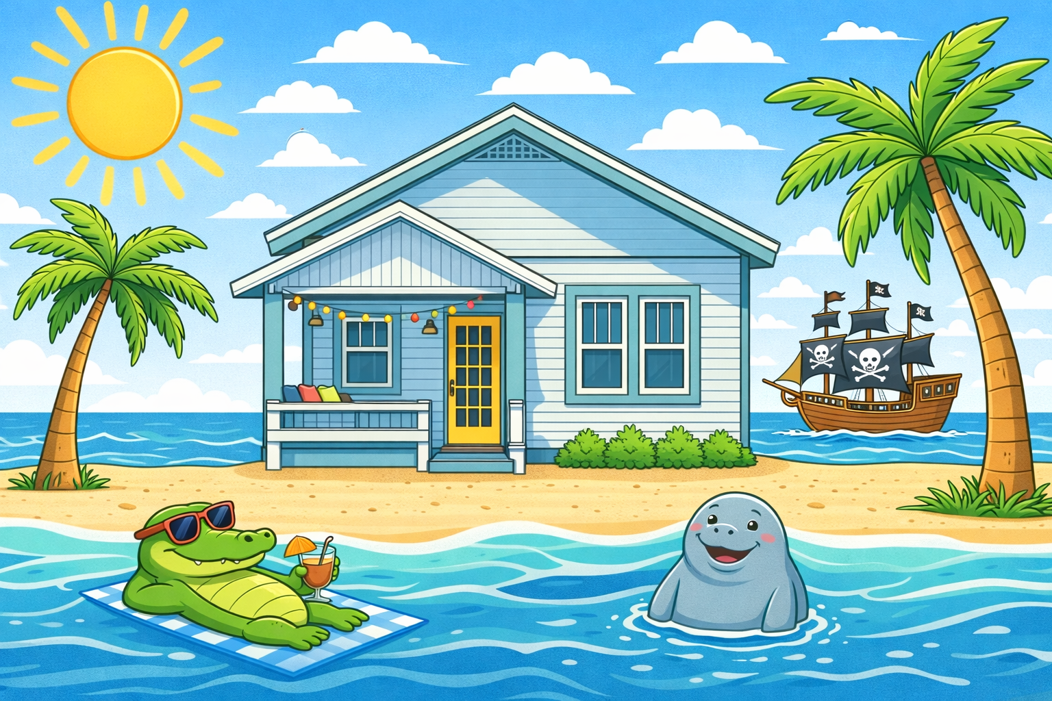 Cartoon blue house with a yellow door on a beach in Saint Petersburg, Florida